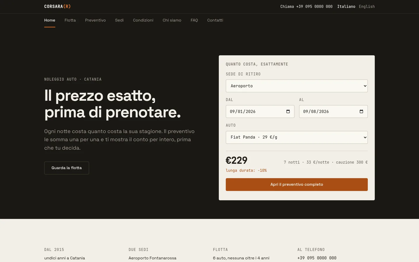 Corsara Rent, la schermata iniziale